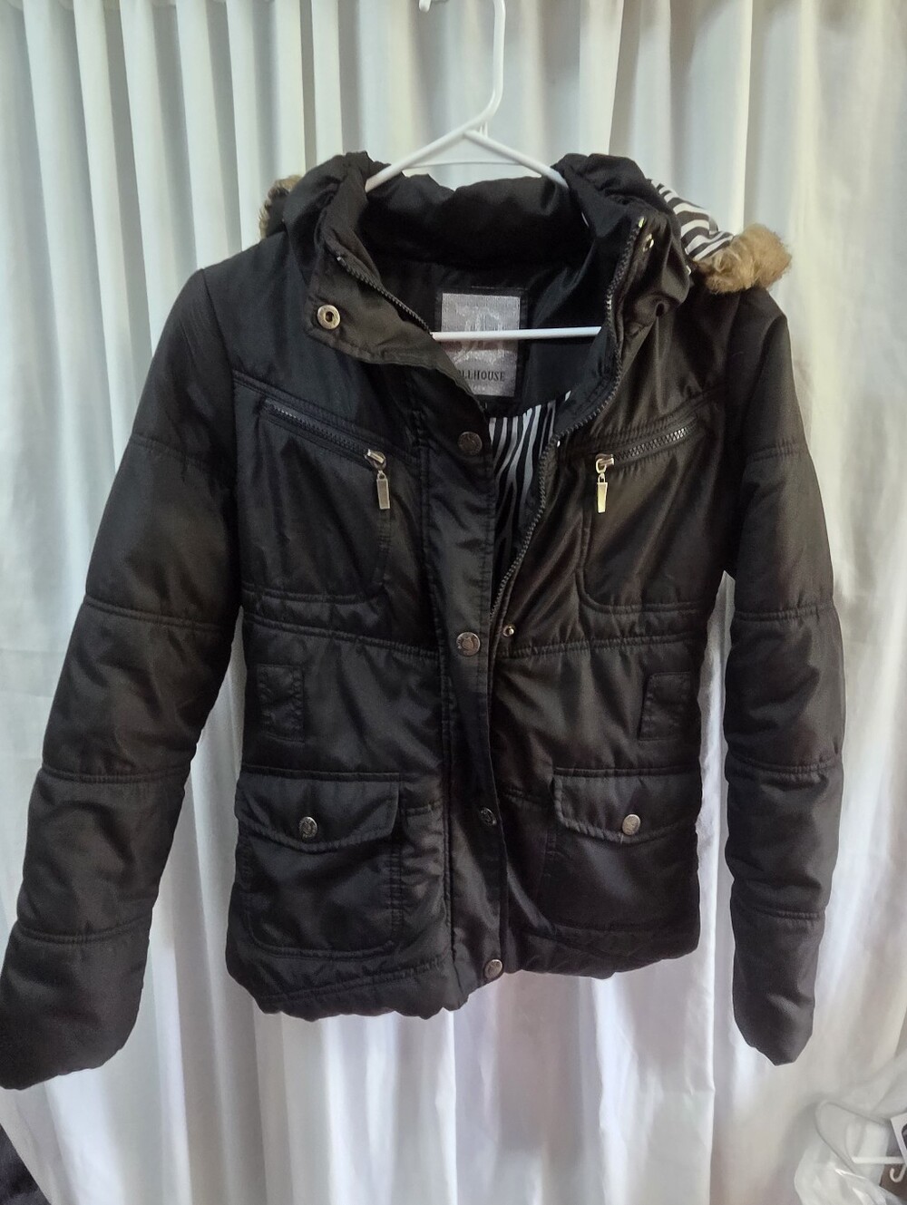 Dollhouse Black Quilted Jacket with Hood and Silver Zippers